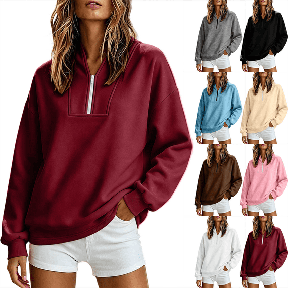 Women's Plus Size zip up Sweatshirts Casual Collar Quarter Zip Long Sleeved Loose Hoodie Top Jacket