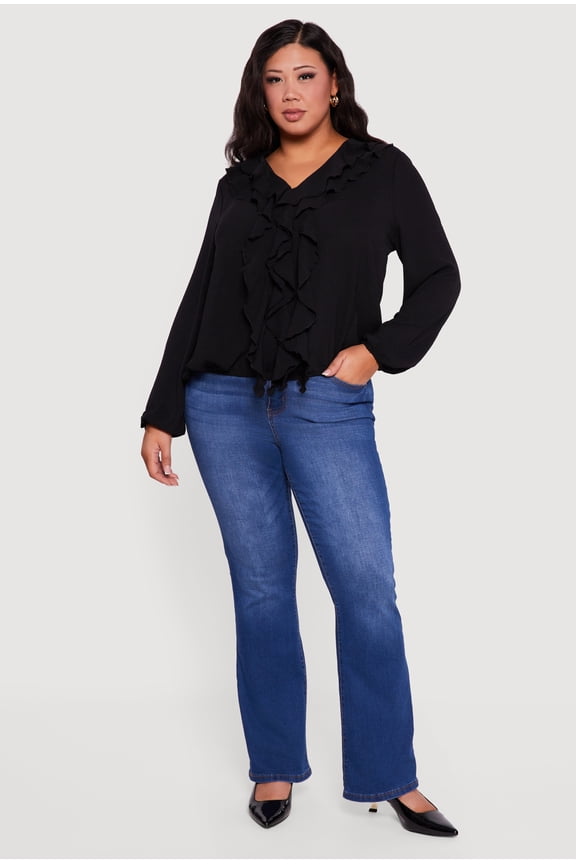 Women's Plus Sized Tiered Ruffle Trim Bubble Sleeve Blouse