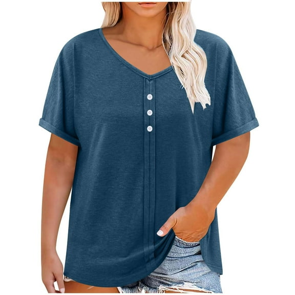 Women's Plus Sized Tops 2025 Summer Fashion Lightweight Button Tshirt Blouse Casual Tops Crewneck Tees