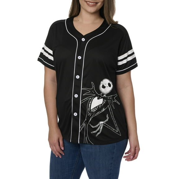 Women's Plus Skellington Baseball Jersey Shirt Button Nightmare Before Christmas
