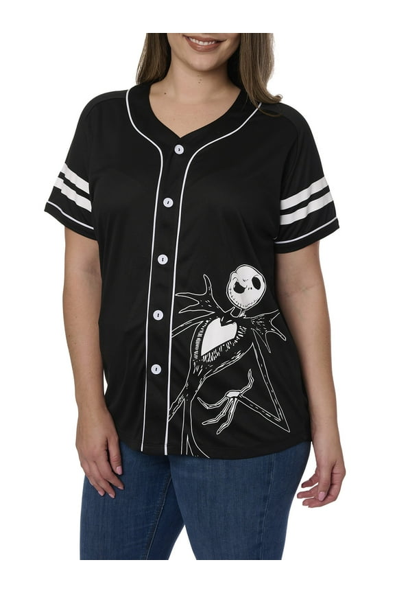 Women's Plus Skellington Baseball Jersey Shirt Button Nightmare Before Christmas