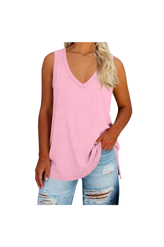 Women's Plus Sleeveless V Neck Tunic Tank Tops Summer Casual Loose Fit, Curved High Low Hem Side Slit Solid Jersey Knit Layering Blouse Fashion 2026 Basic Tee Shirts