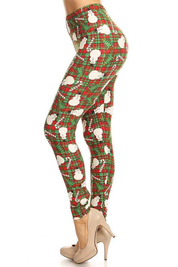 Women's Plus Snowman Candy Cane Plaid Pattern Printed Leggings