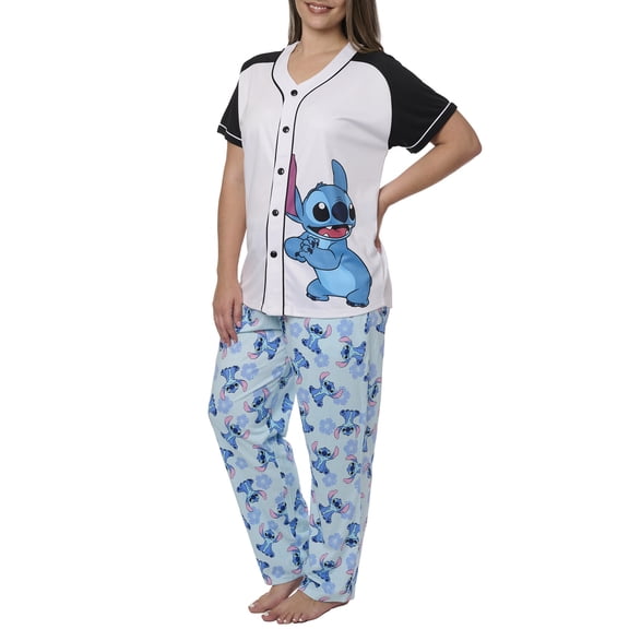 Women's Plus Stitch Baseball Jersey Shirt and Lounge Pants 2-Piece Set Disney