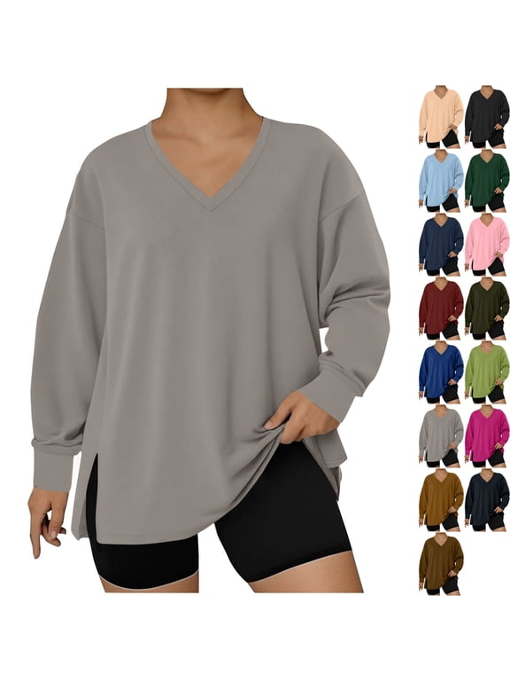 Women's Plus Stretch V Neck Tunic Tops Long Sleeve Shirts Oversized Slouchy Pullover Tops Side Split Hem to Wear with Leggings Fall Outfits, Gray, 4XL