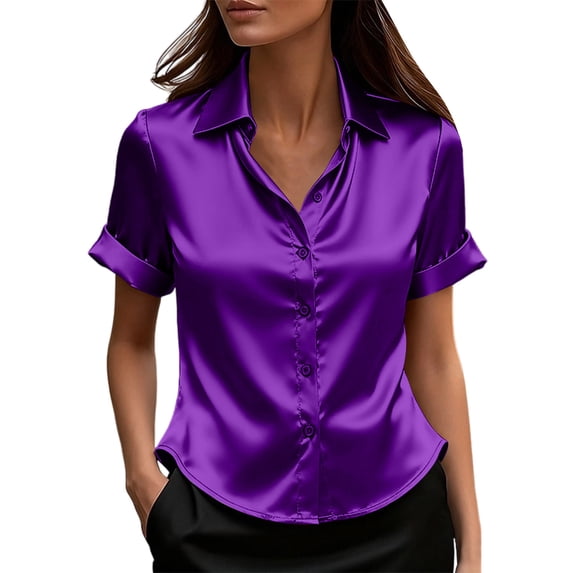 Ladies Button-up Satin Blouses, Women Short Sleeve Lapel Neck Work Shirts Female Solid Color Collared Loose Casual Tops