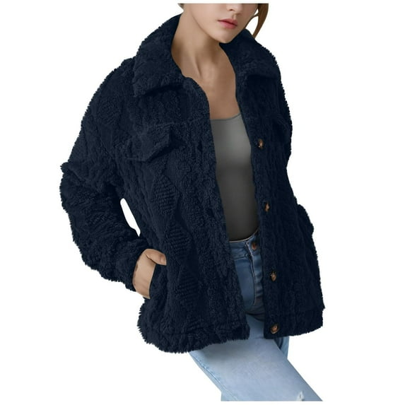 Women's Plus Velvet Padded Jackets Solid Color Long Sleeved Outwear Warm Soft Comfortable Coats with Pockets Navy M