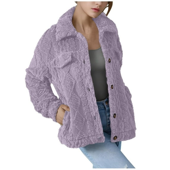 Women's Plus Velvet Padded Jackets Solid Color Long Sleeved Outwear Warm Soft Comfortable Coats with Pockets Purple XXL