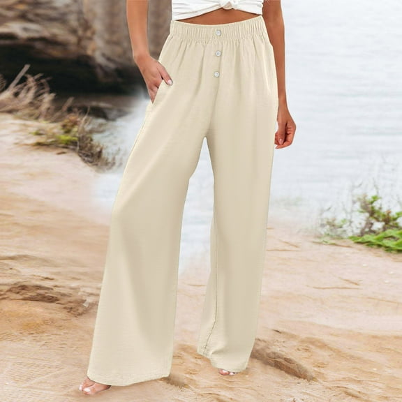 Women's Plus White Linen Pants Women Tall Black Dress Pants Women Plus Size Tall Linen Pants Women Comfy Flowy Wide Leg Pants Summer Baggy High Waisted Palazzo Beach Pants Trousers with Pockets