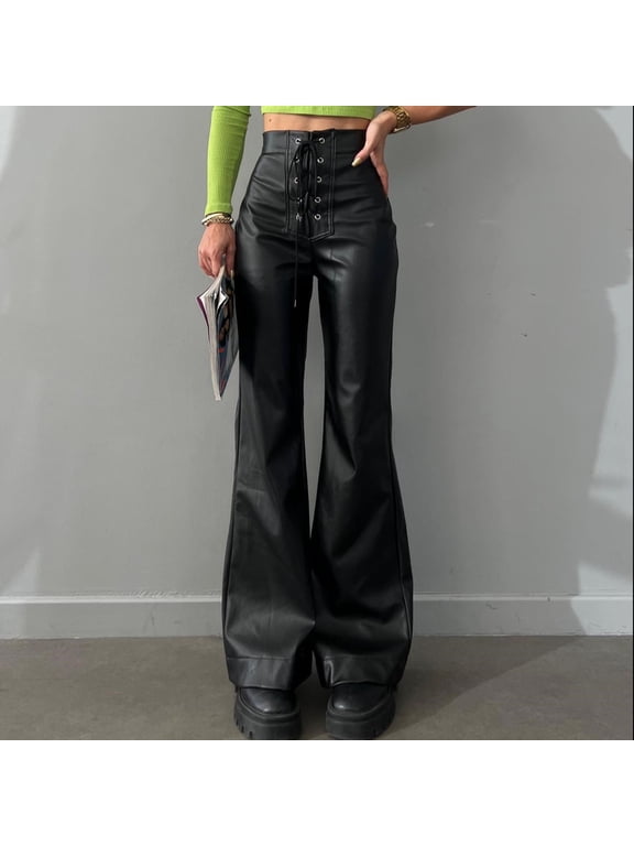 Women's Plus Womens Dress Pants High Waisted Elastic Autumn and Winter New European and Women's High Waisted Bootcut Stretch Metal Hole Strap Pu Imitation Leather Fashion Slacks Women