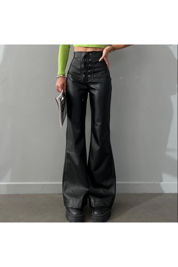 Women's Plus Womens Dress Pants High Waisted Elastic Autumn and Winter New European and Women's High Waisted Bootcut Stretch Metal Hole Strap Pu Imitation Leather Fashion Slacks Women