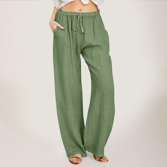 Women's Plus Womens Linen Pants Wide Leg High Waisted Women High Waisted Wide Leg Pants Fashion Drawstring Elastic Trousers Comfy Straight Leg Long Pants with Pockets