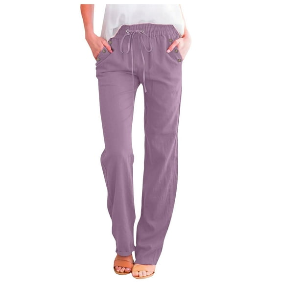 Women's Plus Womens Summer Pants Lightweight Casual Linen Pants Women Plus Size Blue Women High Waisted Wide Leg Pants Casual Drawstring Elastic Trousers Comfy Straight Leg Long Pants with Pockets