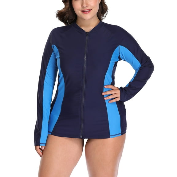Women's Plus Zipper Rash Guard Long Sleeve Color Block Swim Shirt UPF 50+ Swimsuit Tops