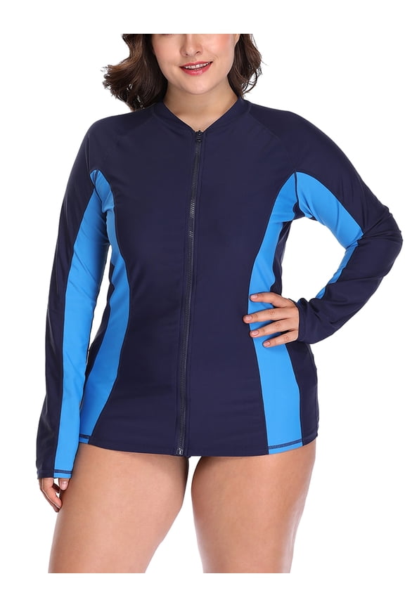 Women's Plus Zipper Rash Guard Long Sleeve Color Block Swim Shirt UPF 50+ Swimsuit Tops