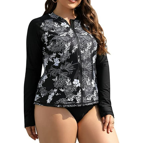Women's Plus Zipper Rash Guard Long Sleeve Color Block Swim Shirt UPF 50+ Swimsuit Tops