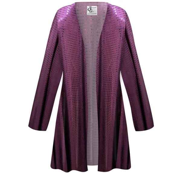 Women's Plus size 7x Petite Maxi Cardigan Straight Burgundy Mirror Reflection Designer Print Slinky Casual Long Flowy Drape Mid-Weight Duster Sweater Made in USA