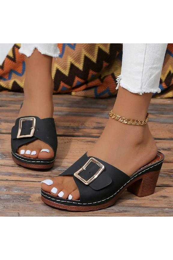 Women's Plus-size Foreign Trade Thick Heel Belt Buckle Round Toe High Heels Flip-flops Sandals for Women Black 41