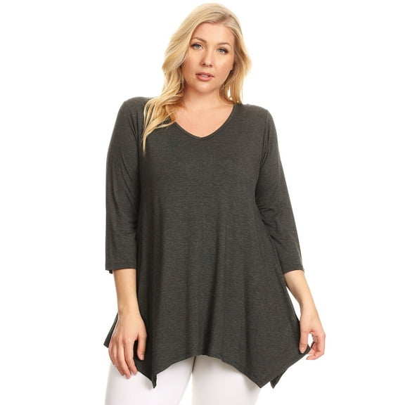 Women's Plus size Knit Tunic Tops Asymmetrical 3/4 Sleeve V-Neck Flowy Blouse