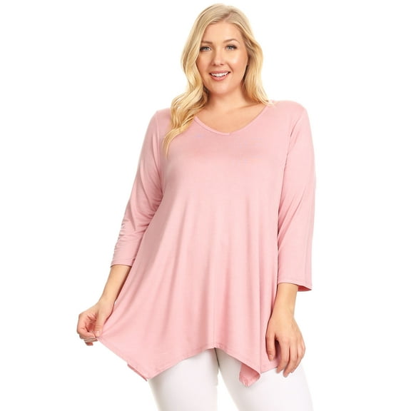 Women's Plus size Knit Tunic Tops Asymmetrical 3/4 Sleeve V-Neck Flowy Blouse