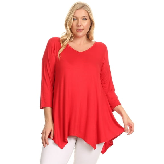 Women's Plus size Knit Tunic Tops Asymmetrical 3/4 Sleeve V-Neck Flowy Blouse