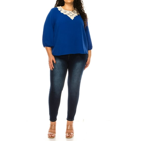 Women's Plus size Solid 3/4 Sleeve Blouse with Puff Sleeves and Lace and Pearl Accent