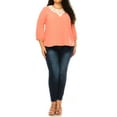 thumbnail image 1 of Women's Plus size Solid 3/4 Sleeve Blouse with Puff Sleeves and Lace and Pearl Accent, 1 of 5