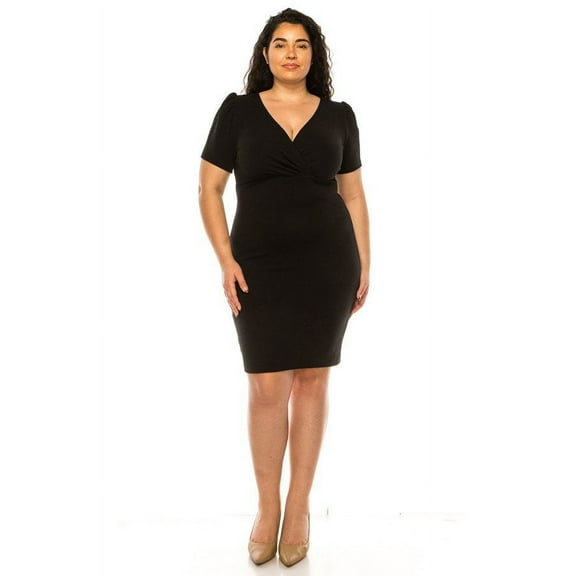Women's Plus size Solid Sheath Dress with a Deep V-Neckline and Puff Sleeves