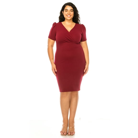 Women's Plus size Solid Sheath Dress with a Deep V-Neckline and Puff Sleeves