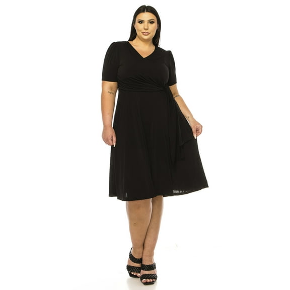 <new_title>Solid Faux Wrap Deep V-Neck Dress, Women's Plus Size</new_title>