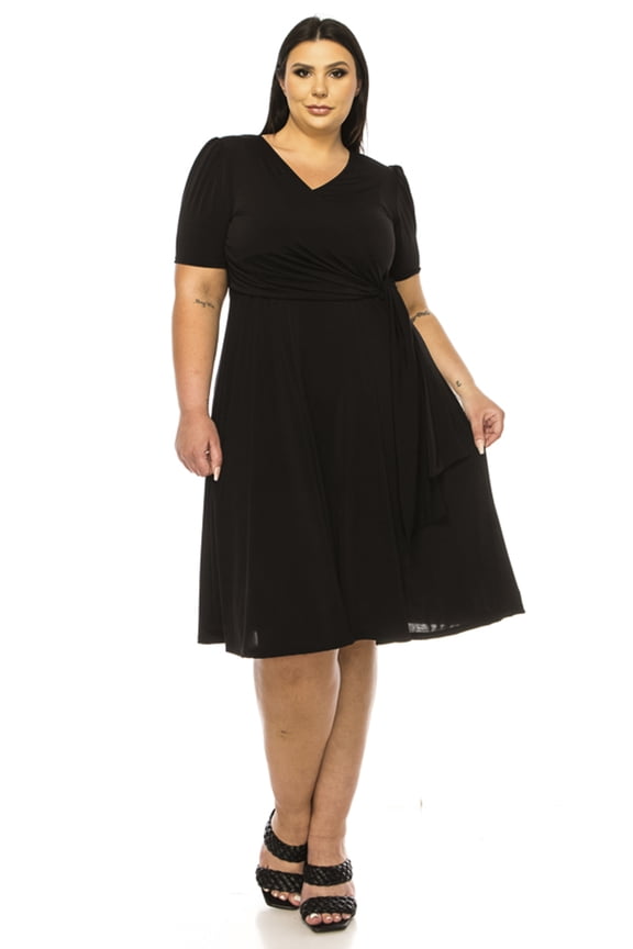 Women's Plus size Stylish Solid Faux Wrap Dress with Deep V-Neck