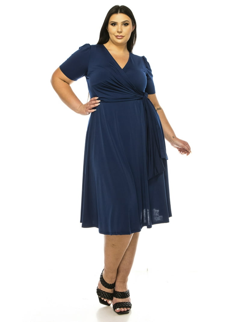 Women's Plus size Stylish Solid Faux Wrap Dress with Deep V-Neck -  Walmart.com