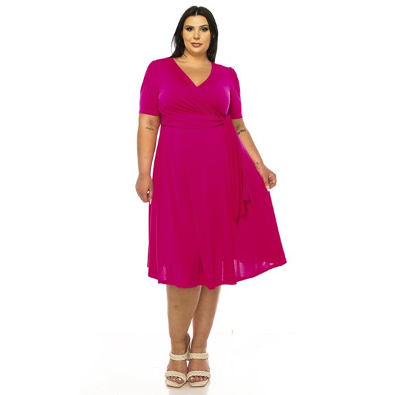 Women's Plus size Stylish Solid Faux Wrap Dress with Deep V-Neck