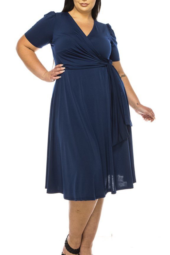 MOA Collection Women's Plus size Stylish Solid Faux Wrap Dress with Deep V-Neck