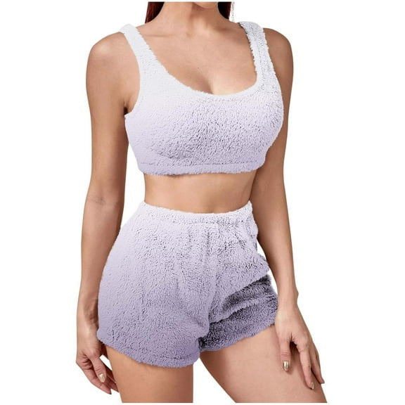 Women's Plush 2 Piece Outfits Ombre Pajamas Set Sleeveless Crop Top and Shorts Lounge Set Sleepwear Loungewear