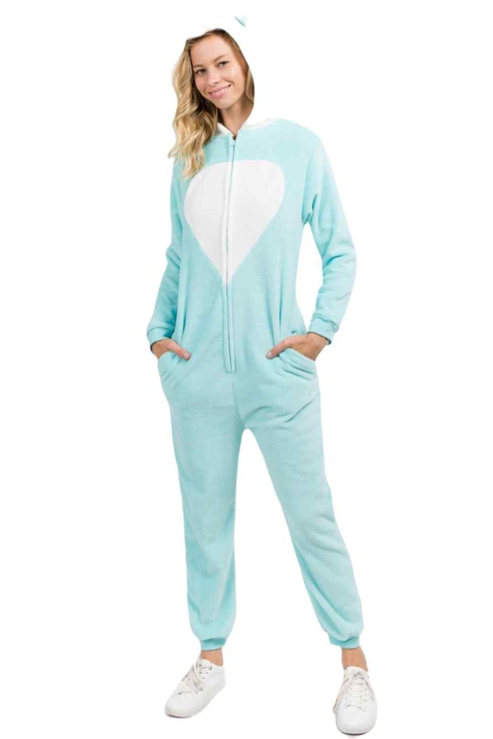 Women's Plush Animal Onesie Pajama, Blue Unicorn, SM