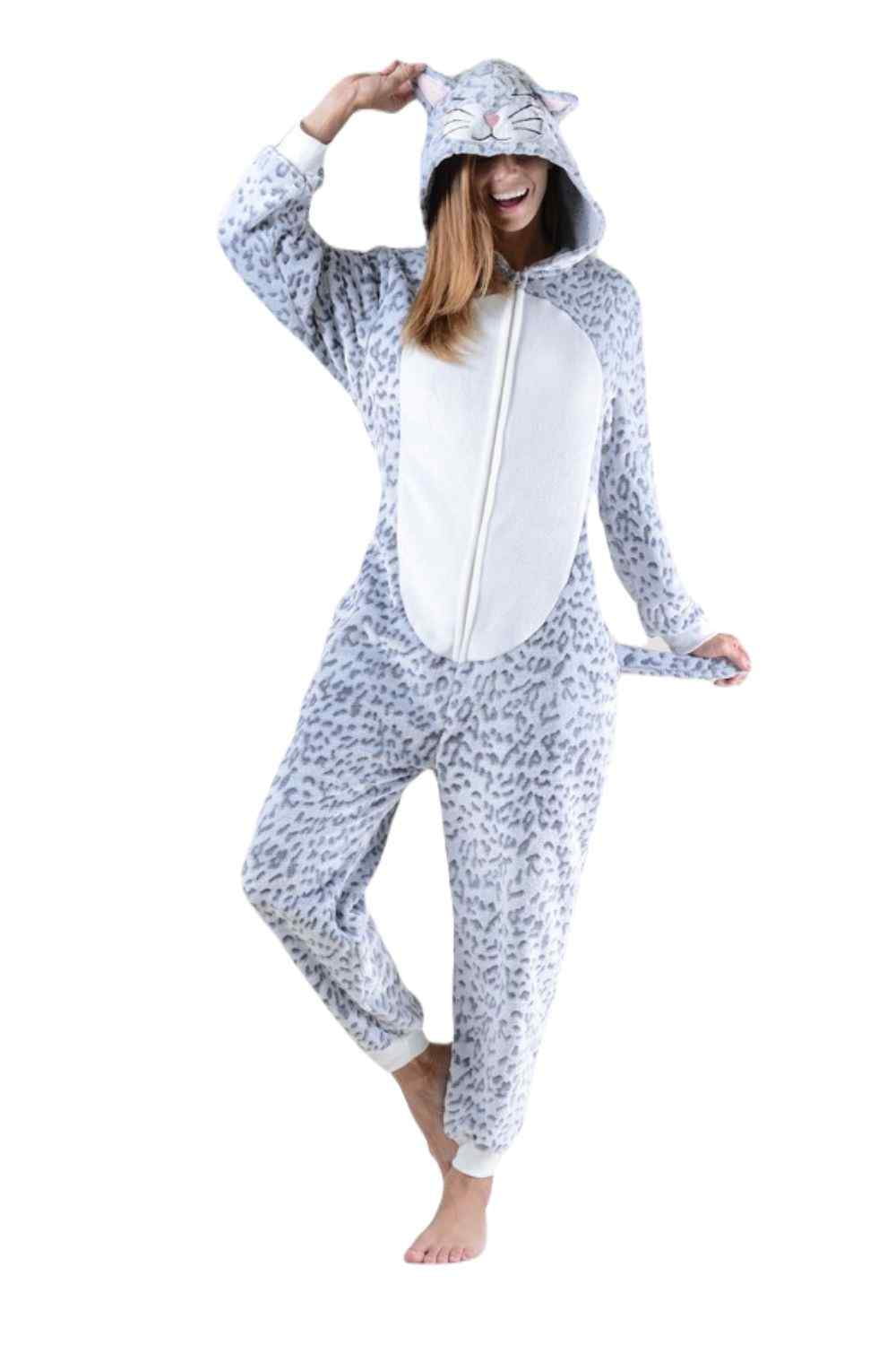 Women's Plush Animal Onesie Pajama, Grey Leopard, ML
