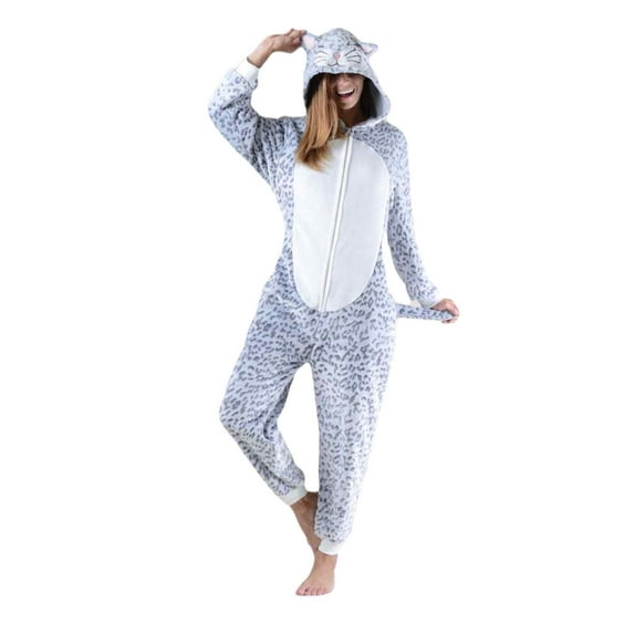 Women's Plush Animal Onesie Pajama, Grey Leopard, SM