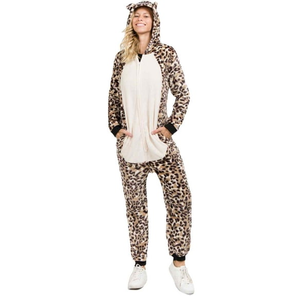 Women's Plush Animal Onesie Pajama, Leopard, ML