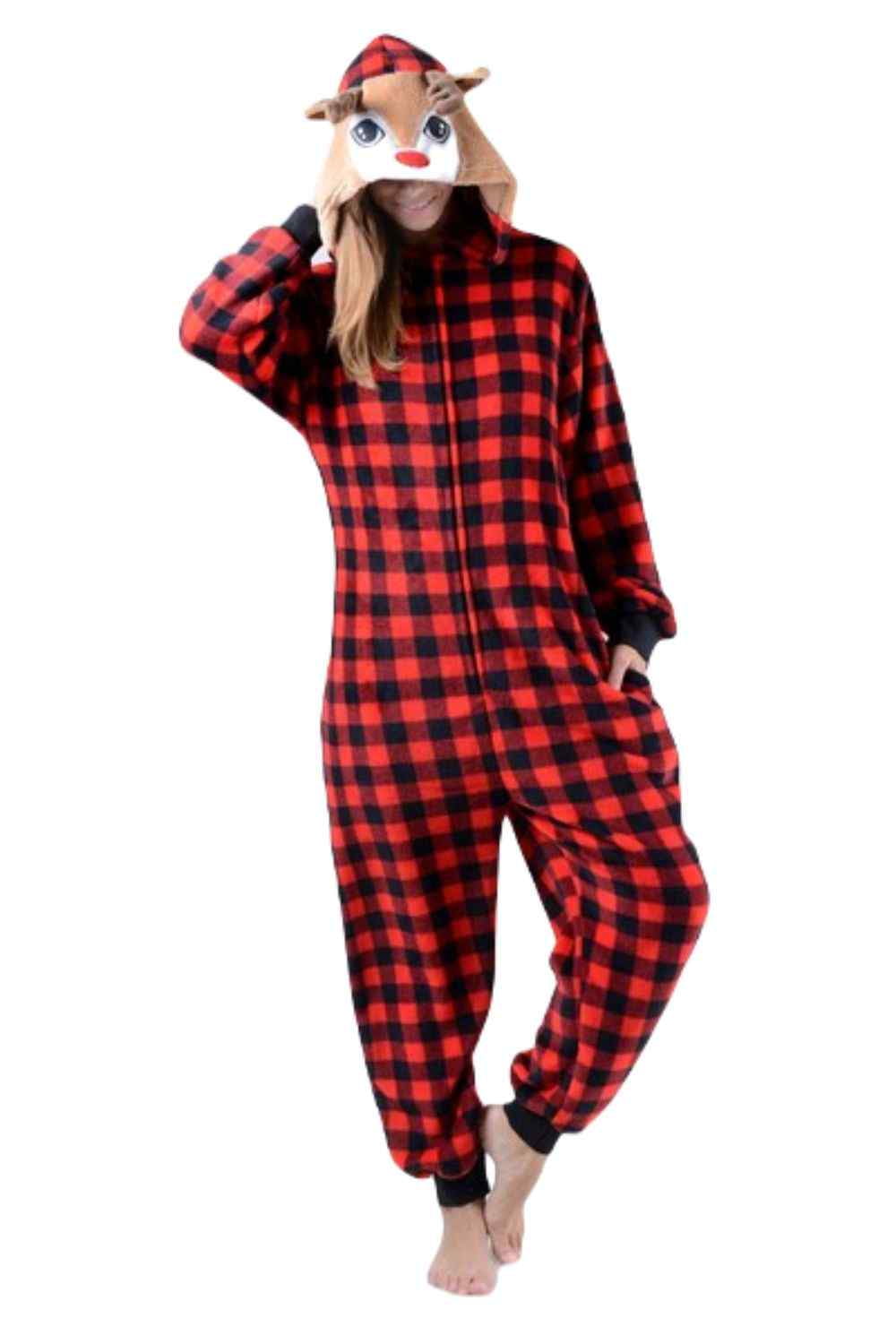 Women s Plush Animal Onesie Pajama Plaid Reindeer L XL