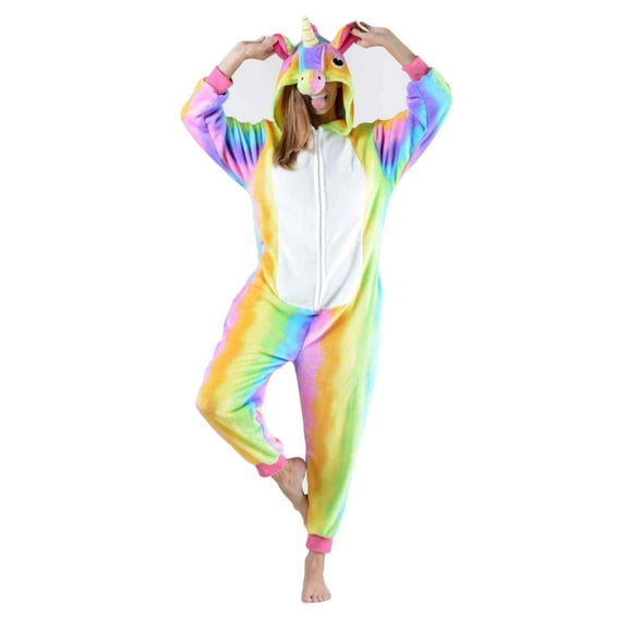 Women's Plush Animal Onesie Pajama, Rainbow Stripe Unicorn, L/XL