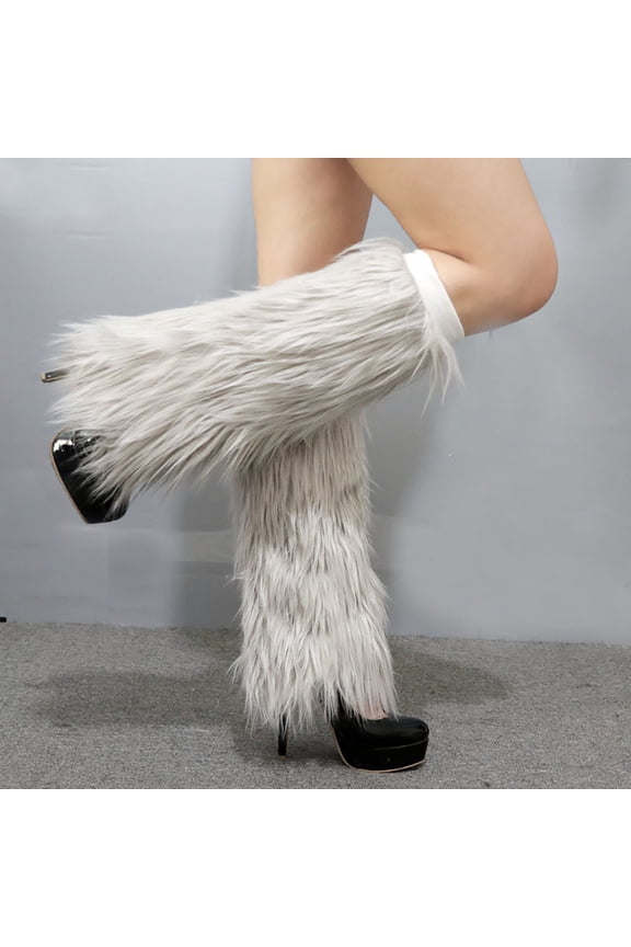 Women's Plush Boot Covers, Long Knit Leg Warmers with Coral Fleece Lining, Warm Boot Socks for Autumn Winter Season, Fashion Leg Warmers for Boots and Skirts, Elastic Boot Toppers - Grey