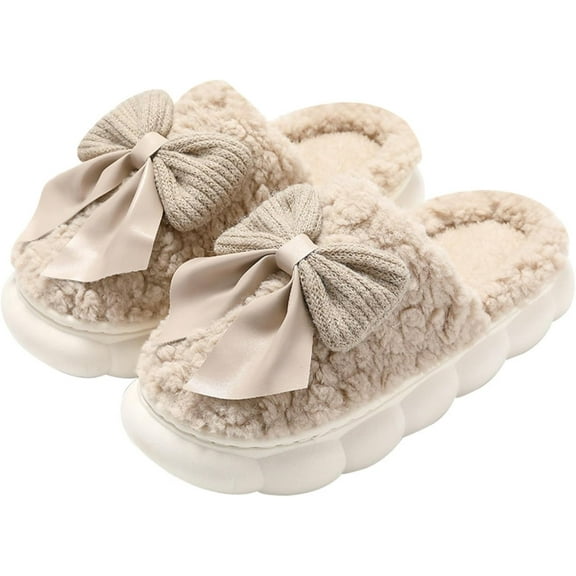 Women's Plush Bow Slippers - Furry Anti-Slip House Shoes for Indoor & Outdoor Comfort