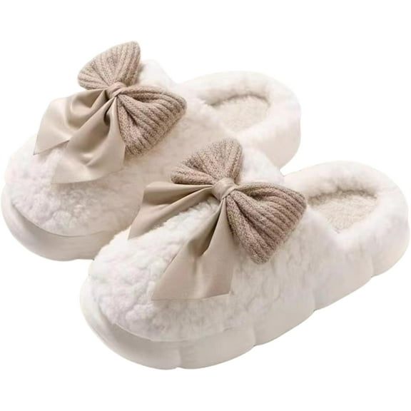 Women's Plush Bow Slippers - Furry Anti-Slip House Shoes for Indoor & Outdoor Comfort
