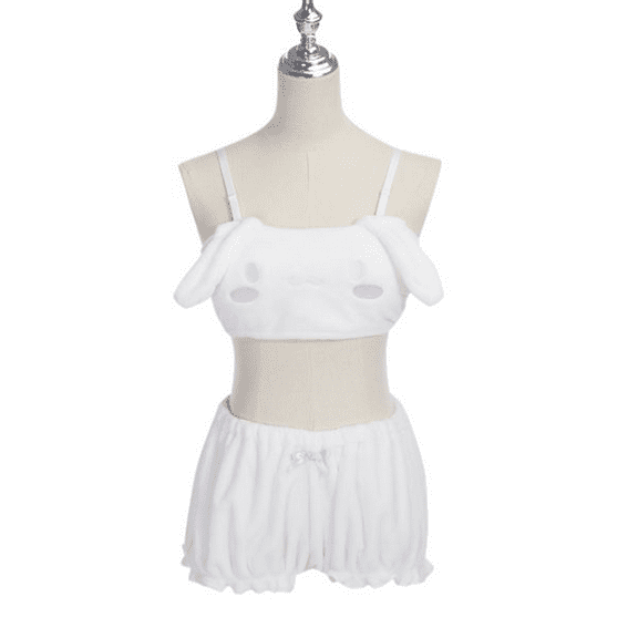 Women's Plush Bralette & Shorts Loungewear Set - White/Pink Winter Cozy Pajama Set