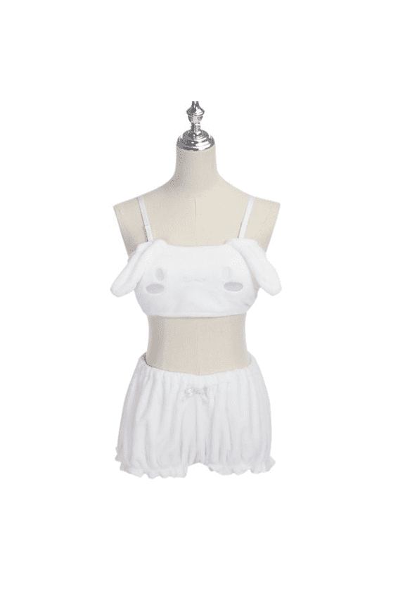 Women's Plush Bralette & Shorts Loungewear Set - White/Pink Winter Cozy Pajama Set