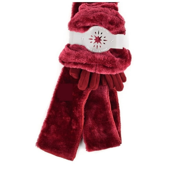 Women's Plush Burgundy Faux Fur and Fleece Gloves Scarf Hat 3 Piece Winter Set