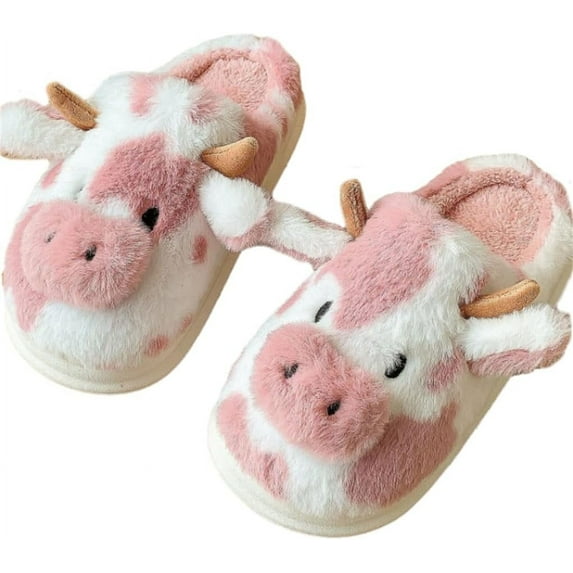 Women's Plush Cartoon Cow Slippers Winter Soft and Comfortable Animal Plush Slippers Cute Cow Slippers