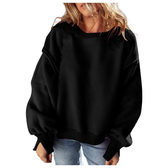 Women's Plush Casual Loose Solid Color Pullover Round Neck Long Sleeve Sweater Hem Side Slits Sweatshirt