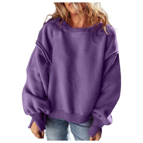 Women's Plush Casual Loose Solid Color Pullover Round Neck Long Sleeve Sweater Hem Side Slits Sweatshirt